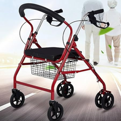 Lightweight Rollator Walker with Seat – 7.5kg Adjustable Height, PU Leather Cushion, Foldable Mobility Aid for Seniors (Red)