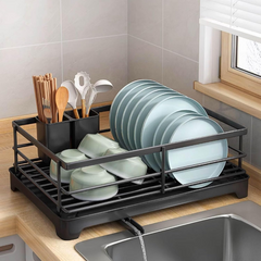 Black Stainless Steel Dish Drainer – Multi-Functional Kitchen Utensil & Cutlery Organizer with Drip Tray