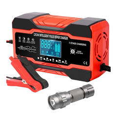 12V 10A 7-Stage Intelligent Battery Pulse Repair Charger + Stier Torch | Smart Fast Charging & Auto Battery Maintenance