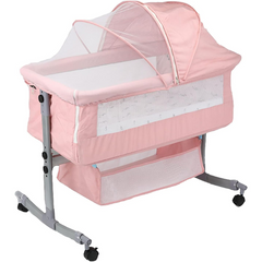Crib with Mosquito Net, Storage Basket, and Wheels