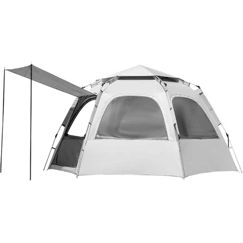 A gray 5-person pop-up family tent with mesh windows and dual D-shaped zippered doors, shown with an extended sunshade on one side.