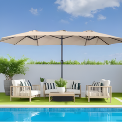 15FT Double-Sided Patio Umbrella with Base – Large Rectangular Outdoor Umbrella for Garden, Pool & Patio (Beige)
