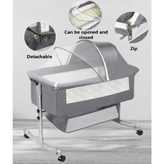 Crib with Mosquito Net, Storage Basket, and Wheels