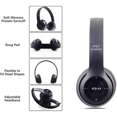 P47 Wireless Bluetooth Headphones – Foldable Over-Ear Headset with Microphone, Wired & Wireless, Multi-Function Controls (Black)