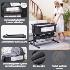 Foldable Newborn Baby Bassinet – Portable Crib with Mosquito Net & Adjustable Height (92x68x85cm, Grey)