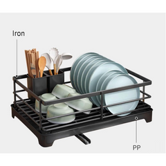 Black Stainless Steel Dish Drainer – Multi-Functional Kitchen Utensil & Cutlery Organizer with Drip Tray