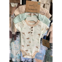 3-Pack Baby Bodysuits – Soft Cotton, Short Sleeve, Button-Up, Adorable Neutral Dinosaur Print – Newborn to 3 Months