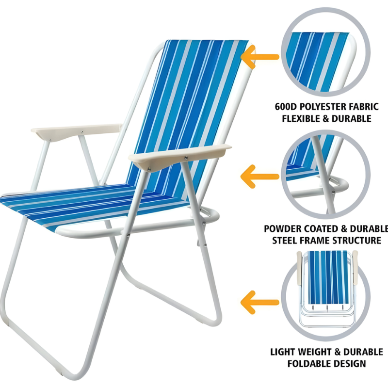 74x56x53cm Lightweight Foldable Outdoor Striped Camping Chair with Armrests – Portable & Durable