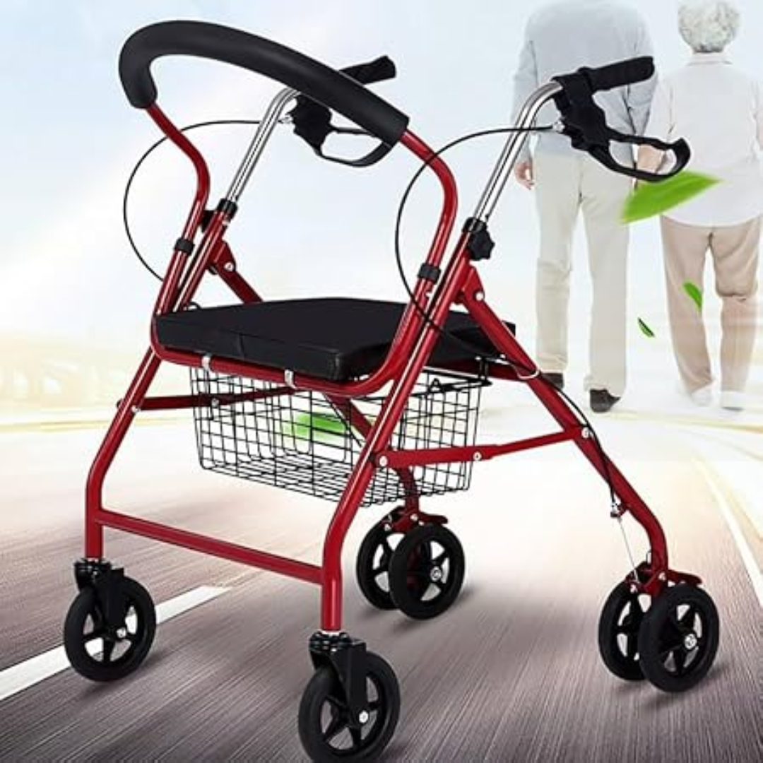 Lightweight Rollator Walker with Seat – 7.5kg Adjustable Height, PU Leather Cushion, Foldable Mobility Aid for Seniors (Red)