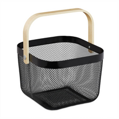 Large Square Mesh Wire Storage Basket with Wooden Handle – YD441797 – Powder-Coated Metal Organizer for Home & Office