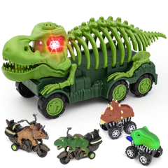 🦖 Animal Dinosaur Transport Truck Toy Set for Kids – Tyrannosaurus Car Carrier with 4 Dino Vehicles (Green)