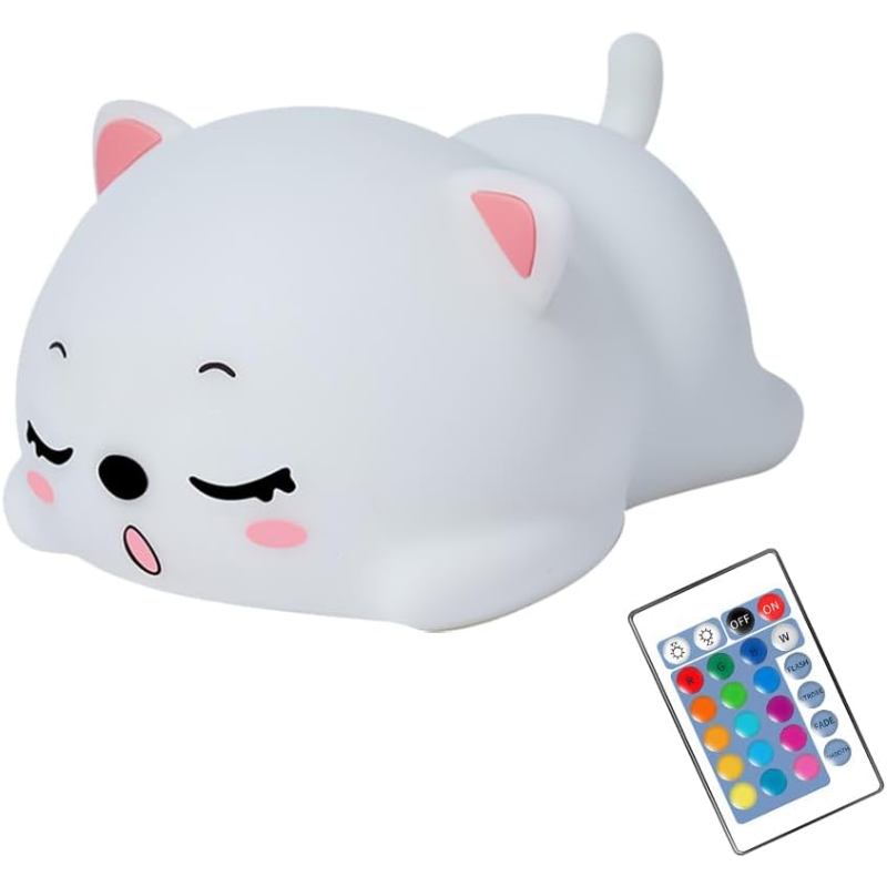 Sleeping Cat Lamp - Rechargeable Silicone Kitty Night Light with Remote Control for Kids & Babies