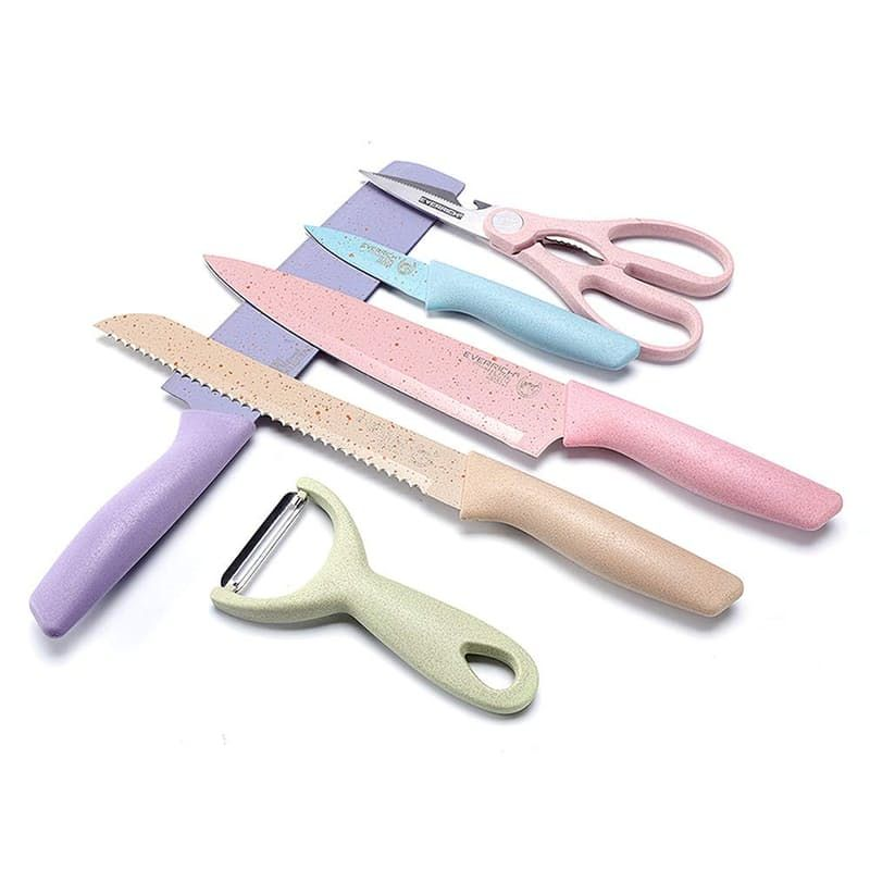 Colorful 6-Piece Kitchen Knife Set with Scissors & Peeler – Non-Stick Stainless Steel