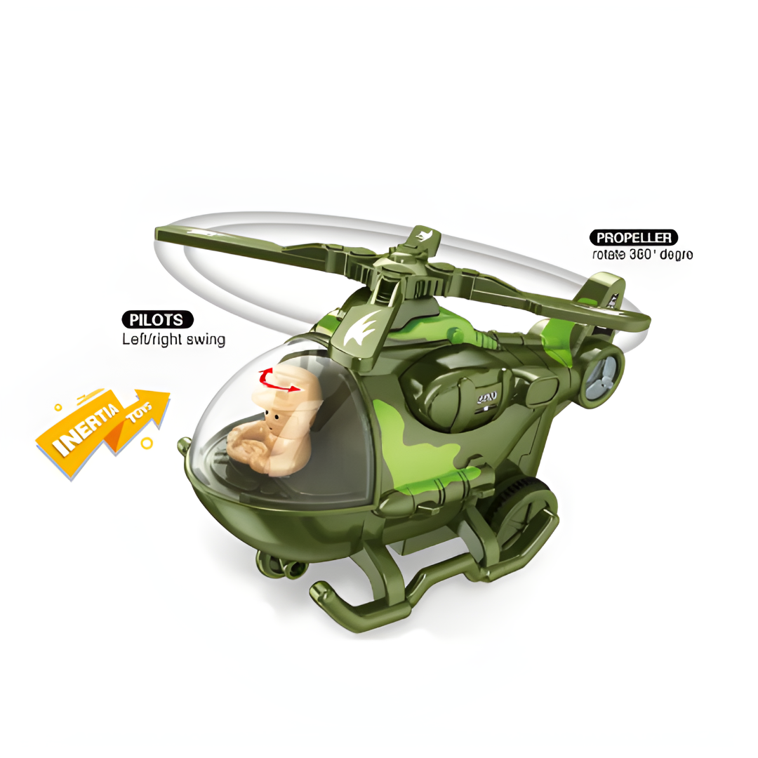 Inertia Military Helicopter Toy – 360° Rotating Propeller with Swinging Pilot for Kids