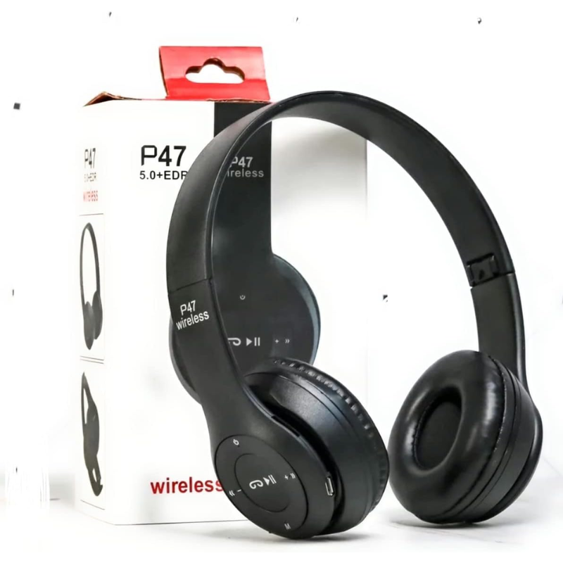 P47 Wireless Bluetooth Headphones – Foldable Over-Ear Headset with Microphone, Wired & Wireless, Multi-Function Controls (Black)