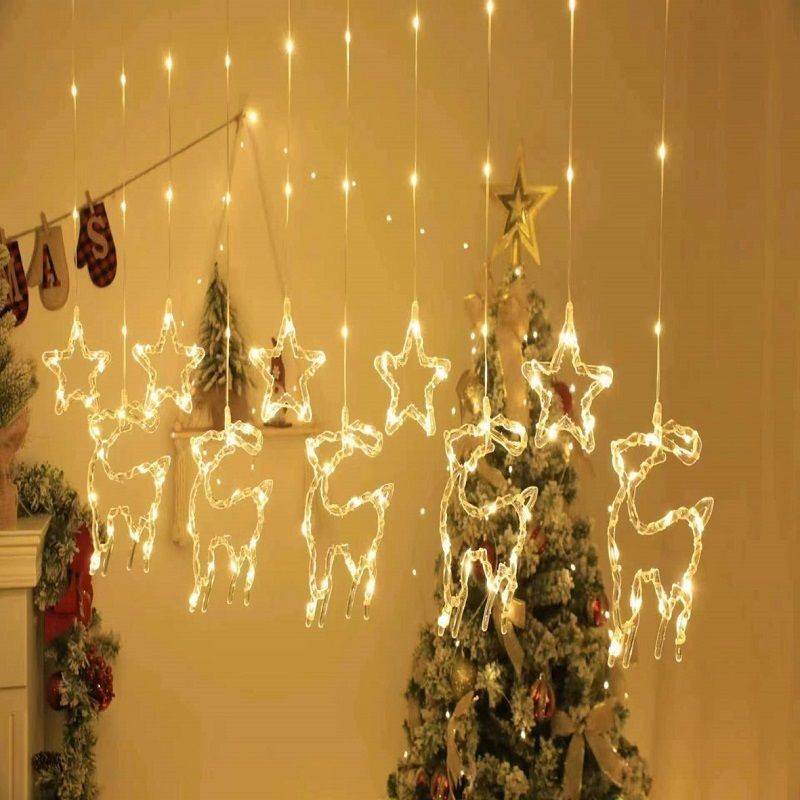 Star & Reindeer LED Fairy Curtain Light with Tail Plug – 3m | Christmas Window Decoration