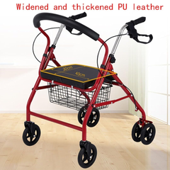 Lightweight Rollator Walker with Seat – 7.5kg Adjustable Height, PU Leather Cushion, Foldable Mobility Aid for Seniors (Red)