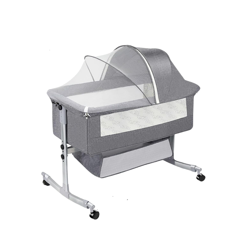 Crib with Mosquito Net, Storage Basket, and Wheels