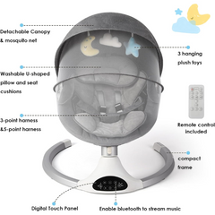 Best Baby Swing for Infants – Bluetooth Baby Rocker with 5-Point Harness, 10 Lullabies, 3 Speeds & Remote Control – Grey