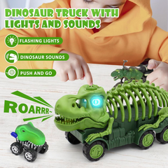 🦖 Animal Dinosaur Transport Truck Toy Set for Kids – Tyrannosaurus Car Carrier with 4 Dino Vehicles (Green)