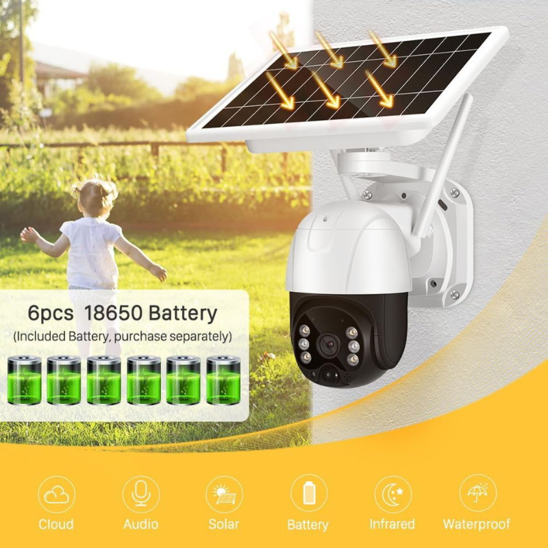 Smart Solar Powered 5MP Wireless Outdoor PTZ Security Camera with Night Vision & 8GB SD Card