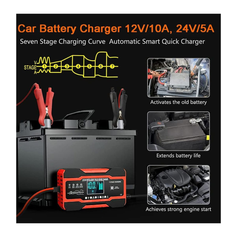 12V 10A 7-Stage Intelligent Battery Pulse Repair Charger + Stier Torch | Smart Fast Charging & Auto Battery Maintenance