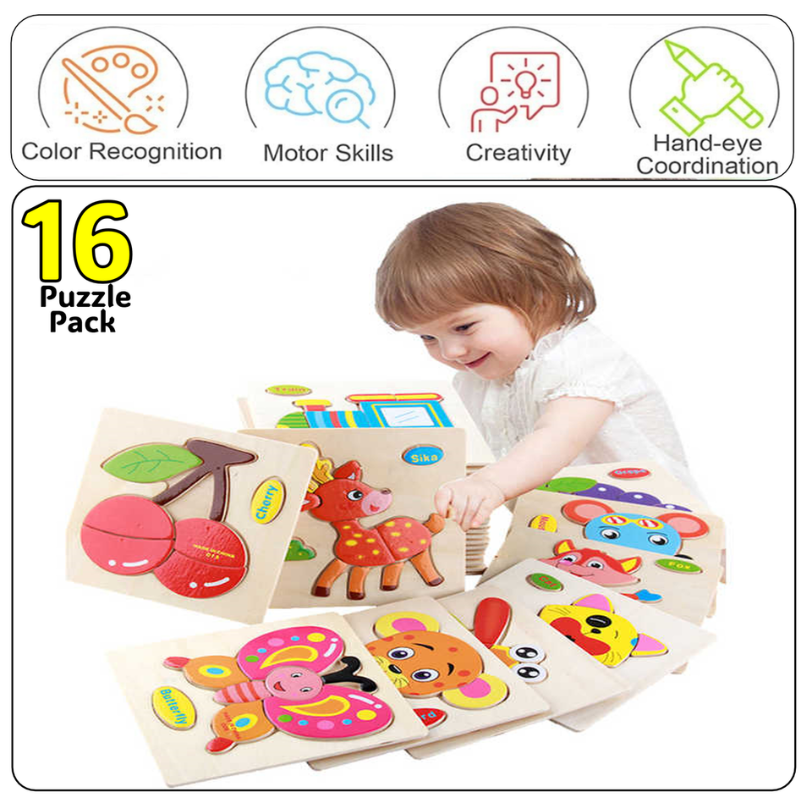 Educational Wooden Puzzles for Toddlers – 16-Piece Animal Learning Toy Set