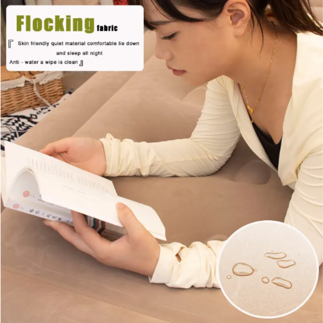 Woman reading a book with a close-up of flocking fabric texture on a wooden surface.