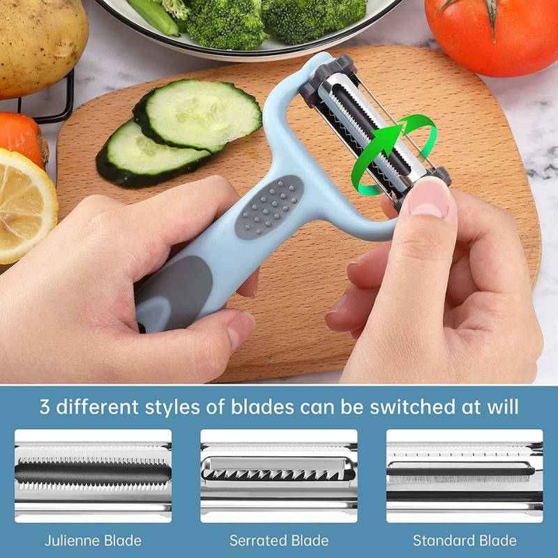 3-in-1 Rotating Blade Vegetable Peeler – Standard, Serrated & Julienne Stainless Steel Peeler with Non-Slip Handle