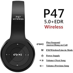 P47 Wireless Bluetooth Headphones – Foldable Over-Ear Headset with Microphone, Wired & Wireless, Multi-Function Controls (Black)