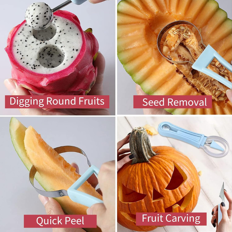 4-in-1 Fruit Carving Tool Set YD451475 – Double-Headed Melon Baller, Scooper & Garnish Knife for Fruit & Vegetable Prep