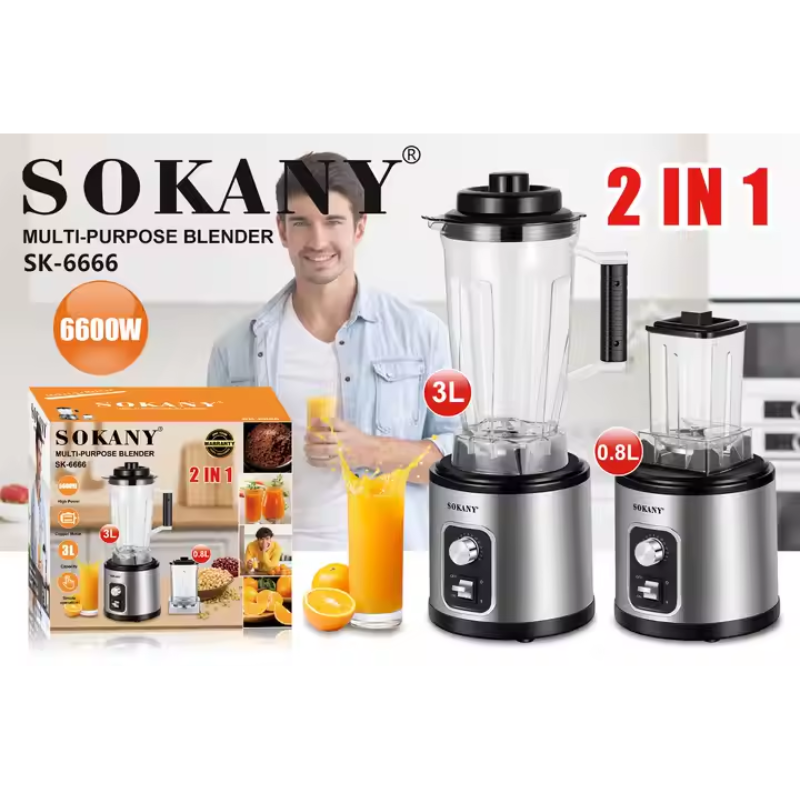 2-in-1 Portable Electric Blender & Juicer – 6600W Stainless Steel, Low Noise, Sokany SK6666