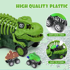 🦖 Animal Dinosaur Transport Truck Toy Set for Kids – Tyrannosaurus Car Carrier with 4 Dino Vehicles (Green)