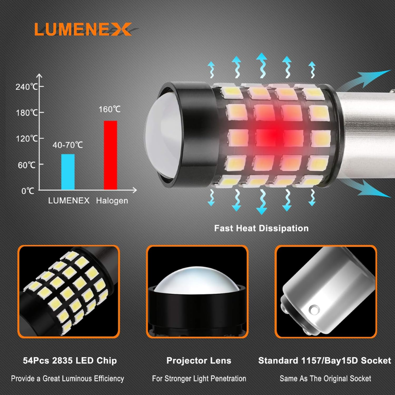 1157 LED Brake Light Bulbs 54-SMD 2835 | P21/5W BAY15D 12V-24V Xenon White Tail, Parking, Reverse Light – 2 Pack