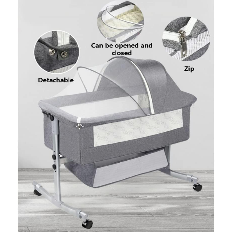 Crib with Mosquito Net, Storage Basket, and Wheels
