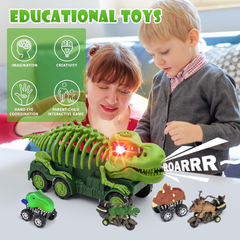 🦖 Animal Dinosaur Transport Truck Toy Set for Kids – Tyrannosaurus Car Carrier with 4 Dino Vehicles (Green)
