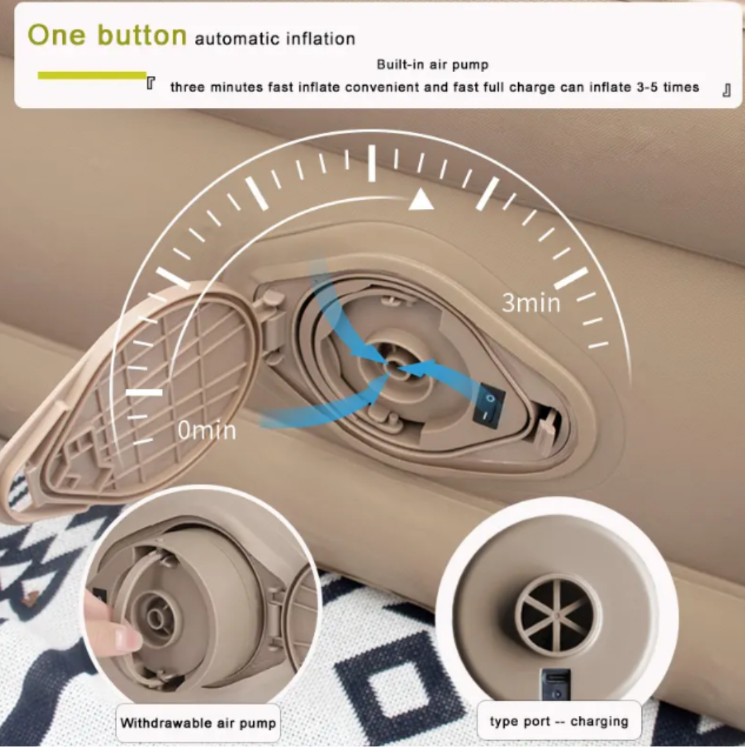 Inflatable product with air pump mechanism and charging port on a white background
