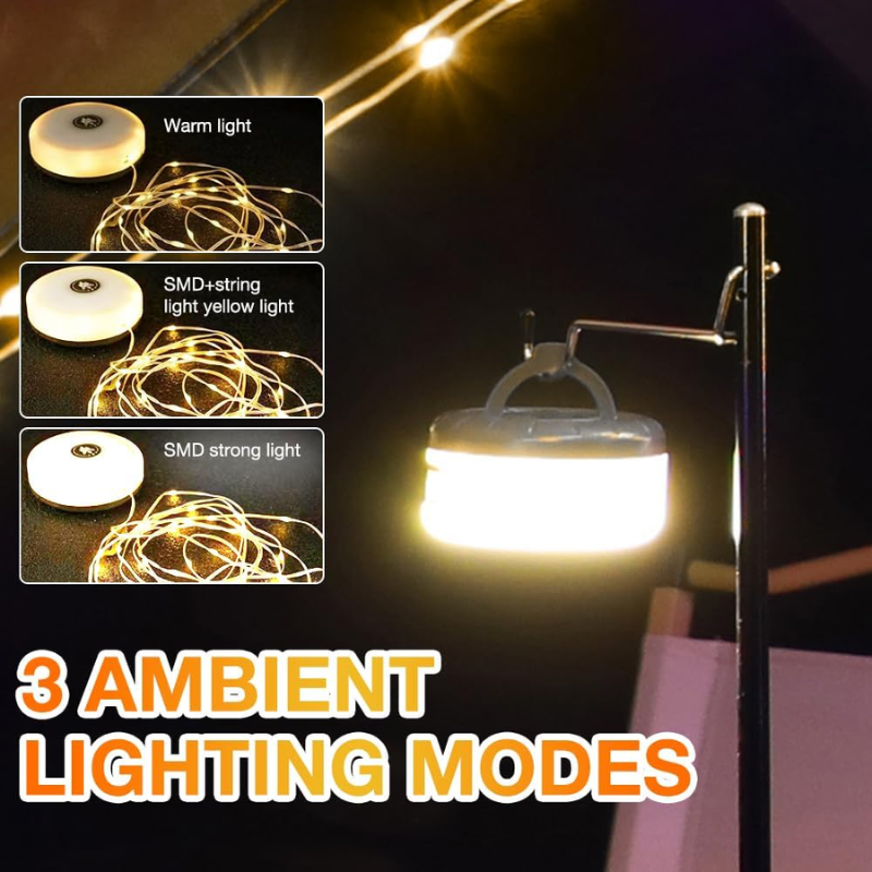Rechargeable Outdoor Camping String Lights – 10M Waterproof Retractable LED Fairy Lights with Multiple Modes – Warm Light for Tents, RVs, and Outdoor Decor