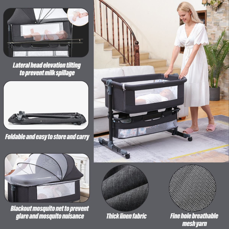 Foldable Newborn Baby Bassinet – Portable Crib with Mosquito Net & Adjustable Height (92x68x85cm, Grey)