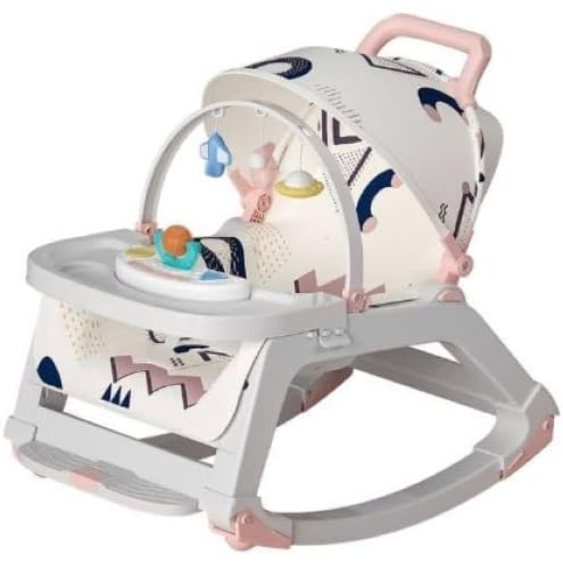 Comfortable Baby Bouncer Swing Chair with Adjustable Backrest, Canopy, and Wheels – Portable Manual Rocker with Storage & Hanging Toys