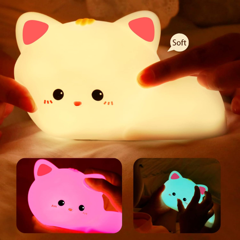 Cute Kitten Night Light for Kids - Soft Silicone Nursery Lamp with 8-Color Changing LED & Remote Control