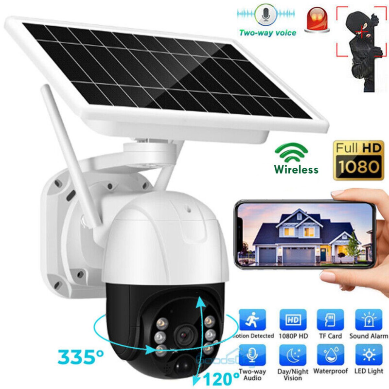 Smart Solar Powered 5MP Wireless Outdoor PTZ Security Camera with Night Vision & 8GB SD Card