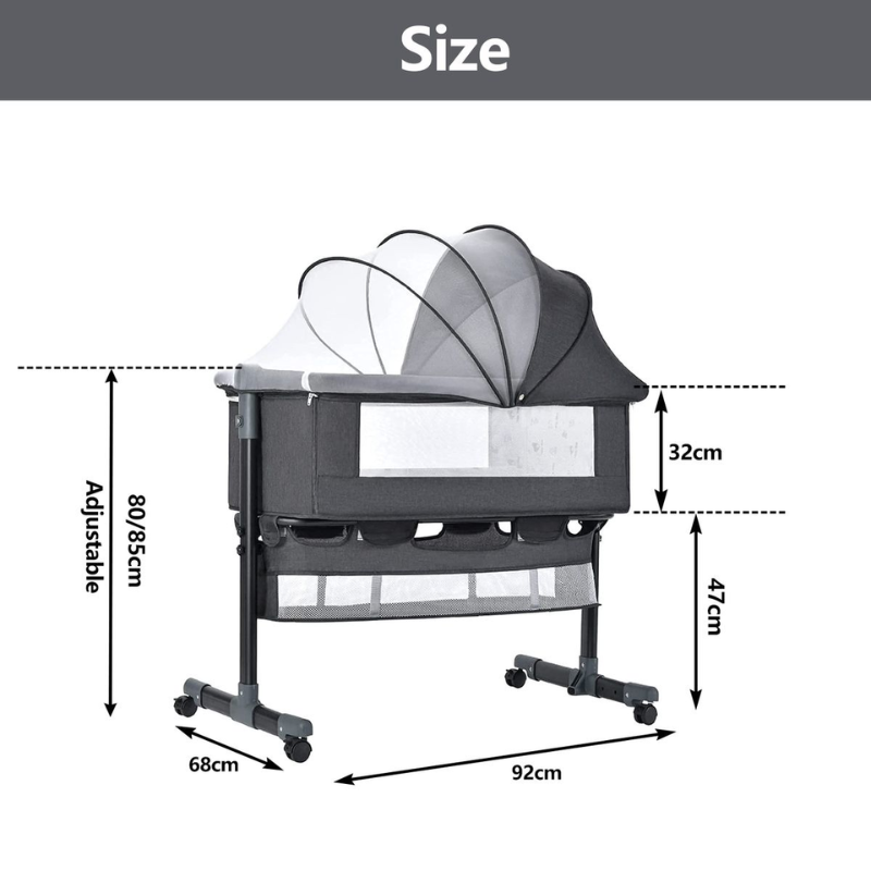 Foldable Newborn Baby Bassinet – Portable Crib with Mosquito Net & Adjustable Height (92x68x85cm, Grey)