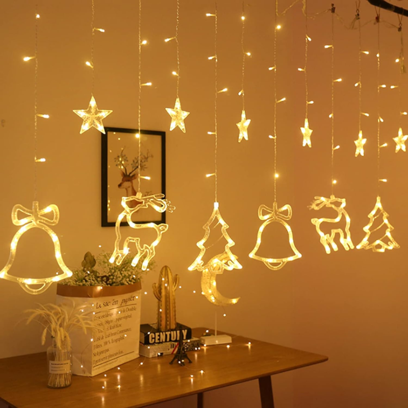 Christmas Curtain String Lights – 138 LED Warm White Window Fairy Lights with Remote & 8 Modes