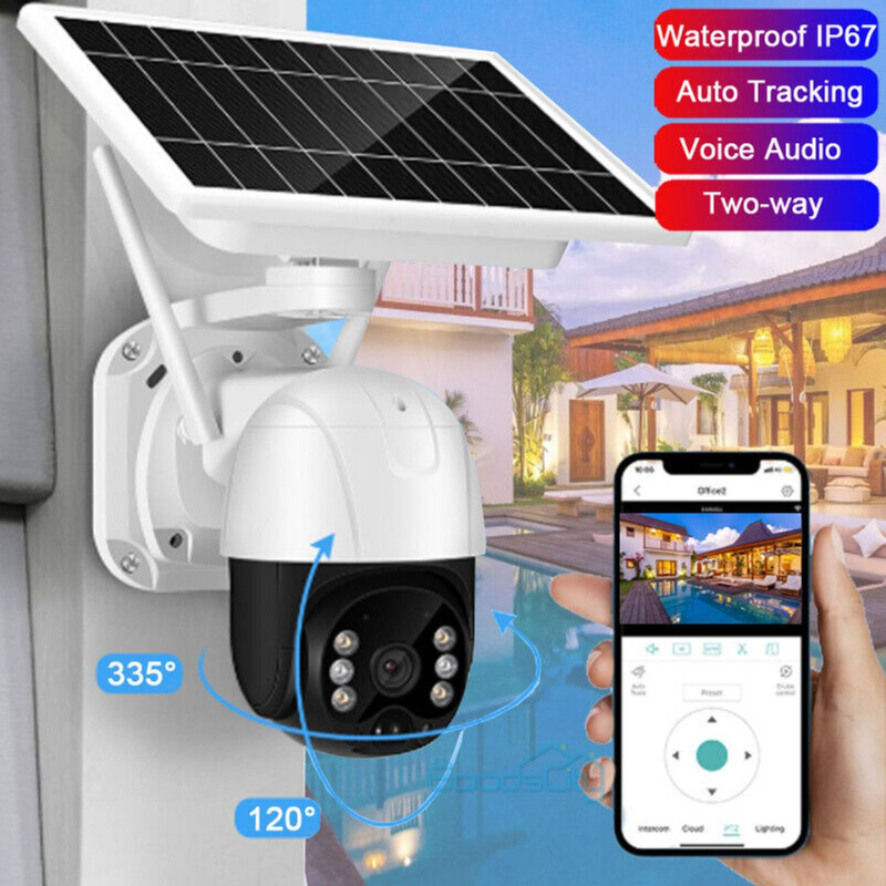 Smart Solar Powered 5MP Wireless Outdoor PTZ Security Camera with Night Vision & 8GB SD Card