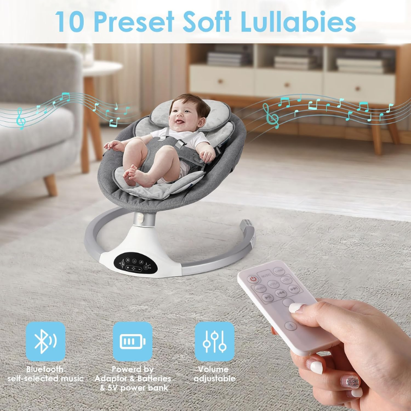 Best Baby Swing for Infants – Bluetooth Baby Rocker with 5-Point Harness, 10 Lullabies, 3 Speeds & Remote Control – Grey