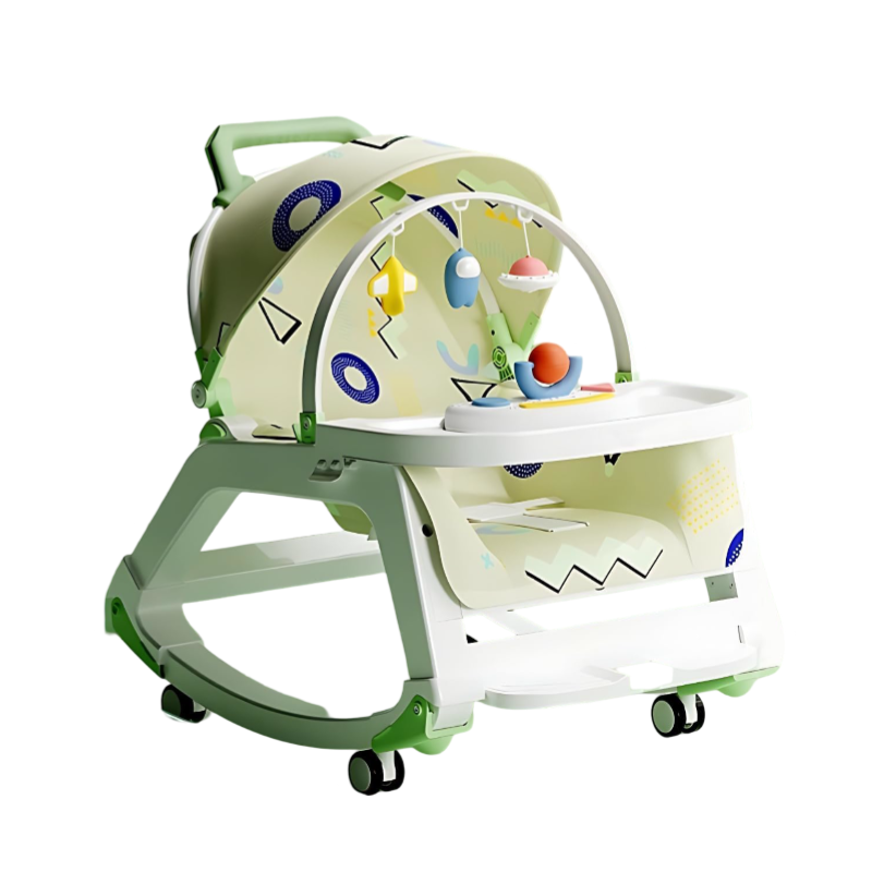 Comfortable Baby Bouncer Swing Chair with Adjustable Backrest, Canopy, and Wheels – Portable Manual Rocker with Storage & Hanging Toys