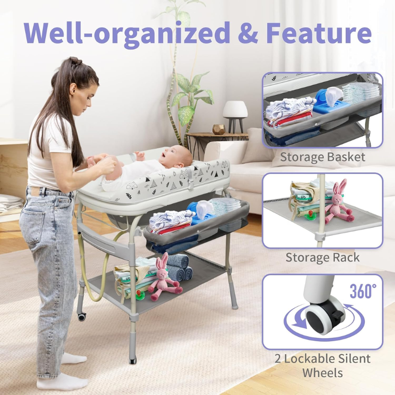 2-in-1 Baby Bathtub & Changing Table – Portable Diaper Changing Station with Storage & Adjustable Height