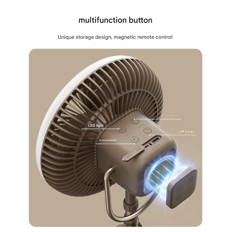 Portable Camping Fan – 10,000 mAh Rechargeable Battery, LED Light, Remote Control, Quiet & Adjustable Airflow