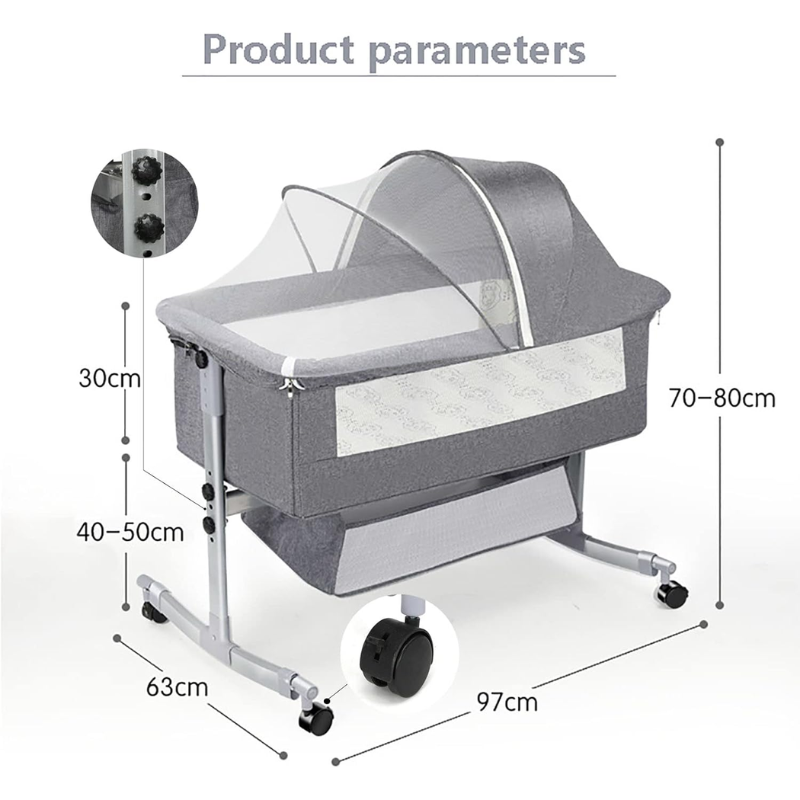 Crib with Mosquito Net, Storage Basket, and Wheels